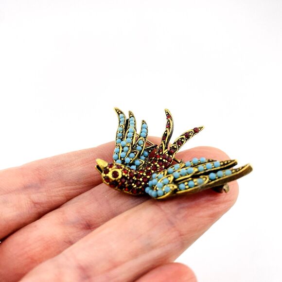 Vintage Pauline Rader Swallow Bird Brooch Pin Turquoise and Ruby Glass Orbs Pave - Picture 7 of 7